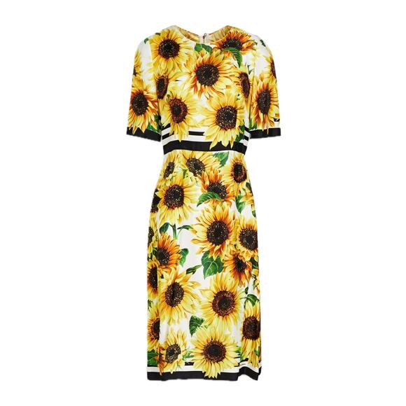 NWT Dolce & Gabbana Yellow Sunflower Floral Print Silk Twill Midi Dress IT 42 M - Picture 3 of 10